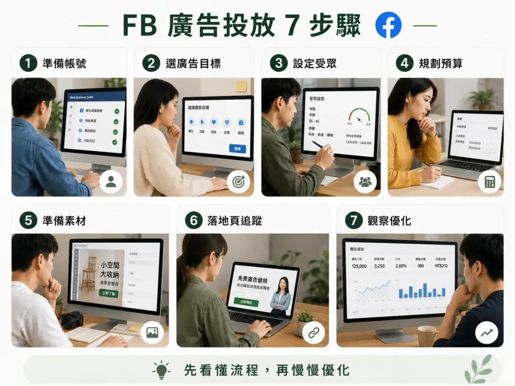 FB 廣告投放流程總覽：新手大致會經過這 7 步