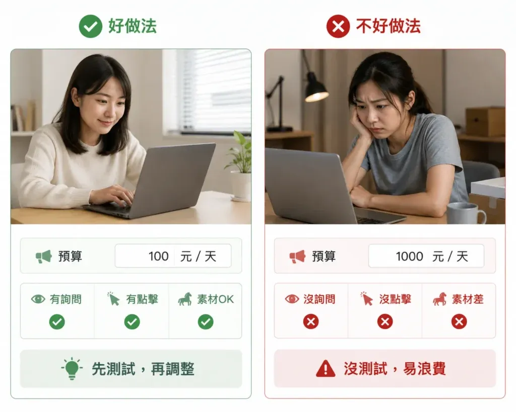 一開始投廣告要先做很多不同廣告的數據測試