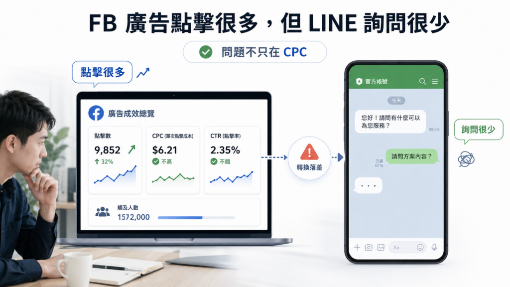 FB 廣告點擊很多但 LINE 詢問很少的轉換落差示意圖
