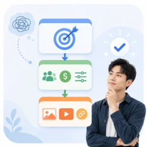 FB 廣告管理員三層架構示意，從廣告活動目標、廣告組合受眾預算，到廣告素材內容的設定流程
