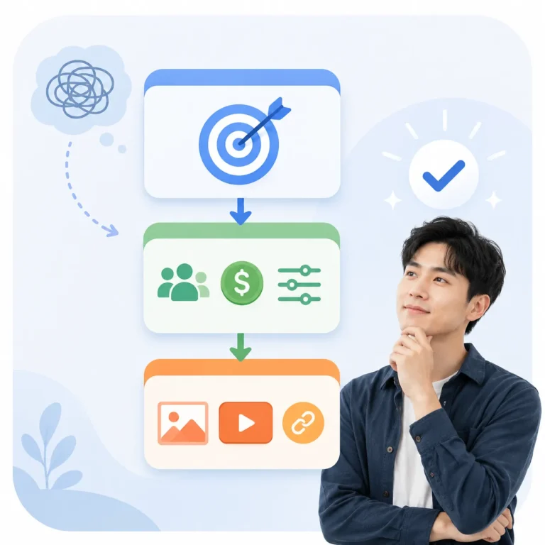FB 廣告管理員三層架構示意，從廣告活動目標、廣告組合受眾預算，到廣告素材內容的設定流程