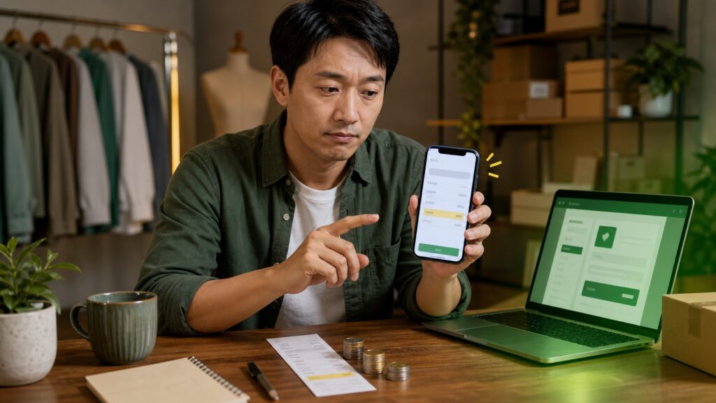 店主在手機付款前檢查額外服務費並比較電腦付款方式